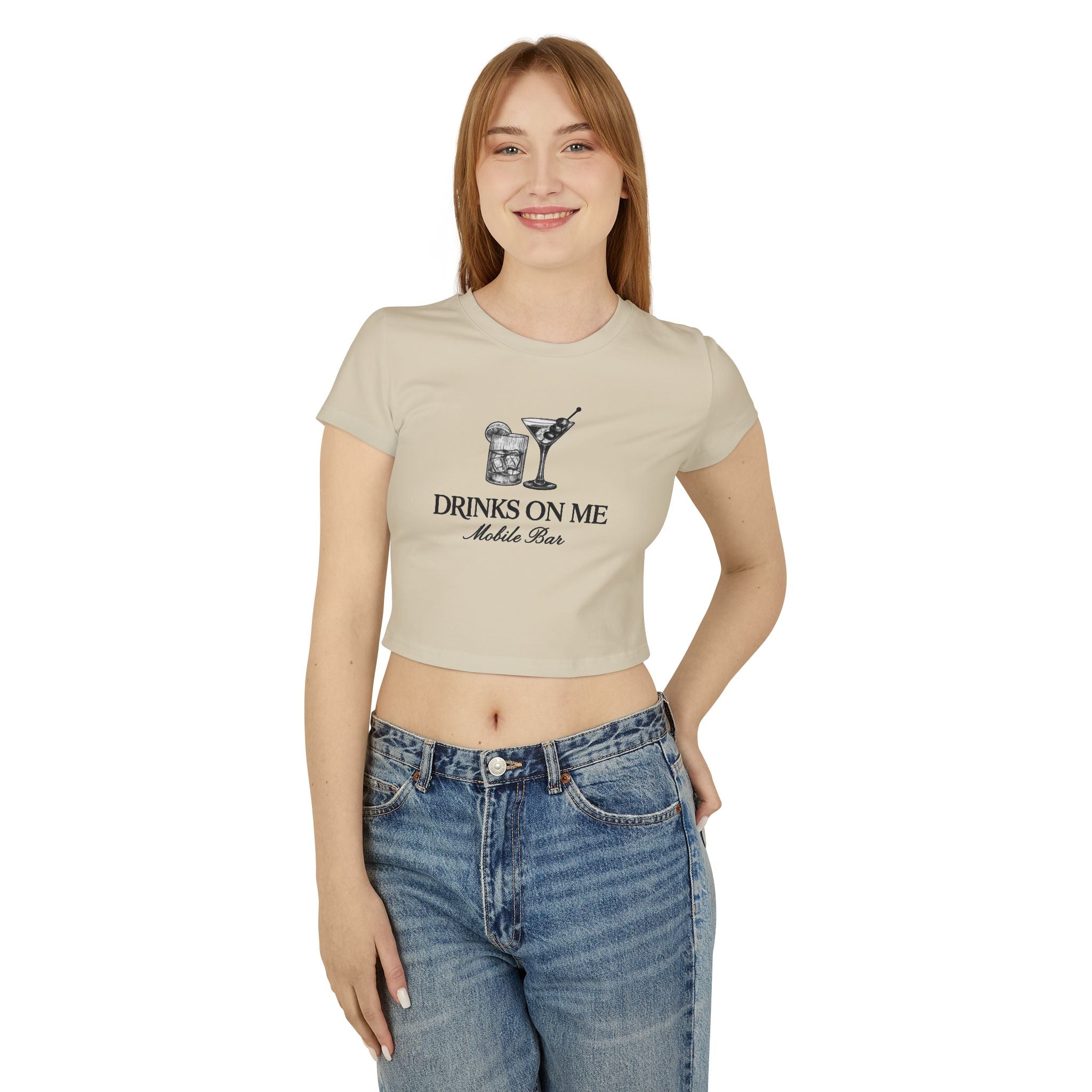 Drinks On Me Mobile Bar-Women's Baby Tee | BLACK LOGO