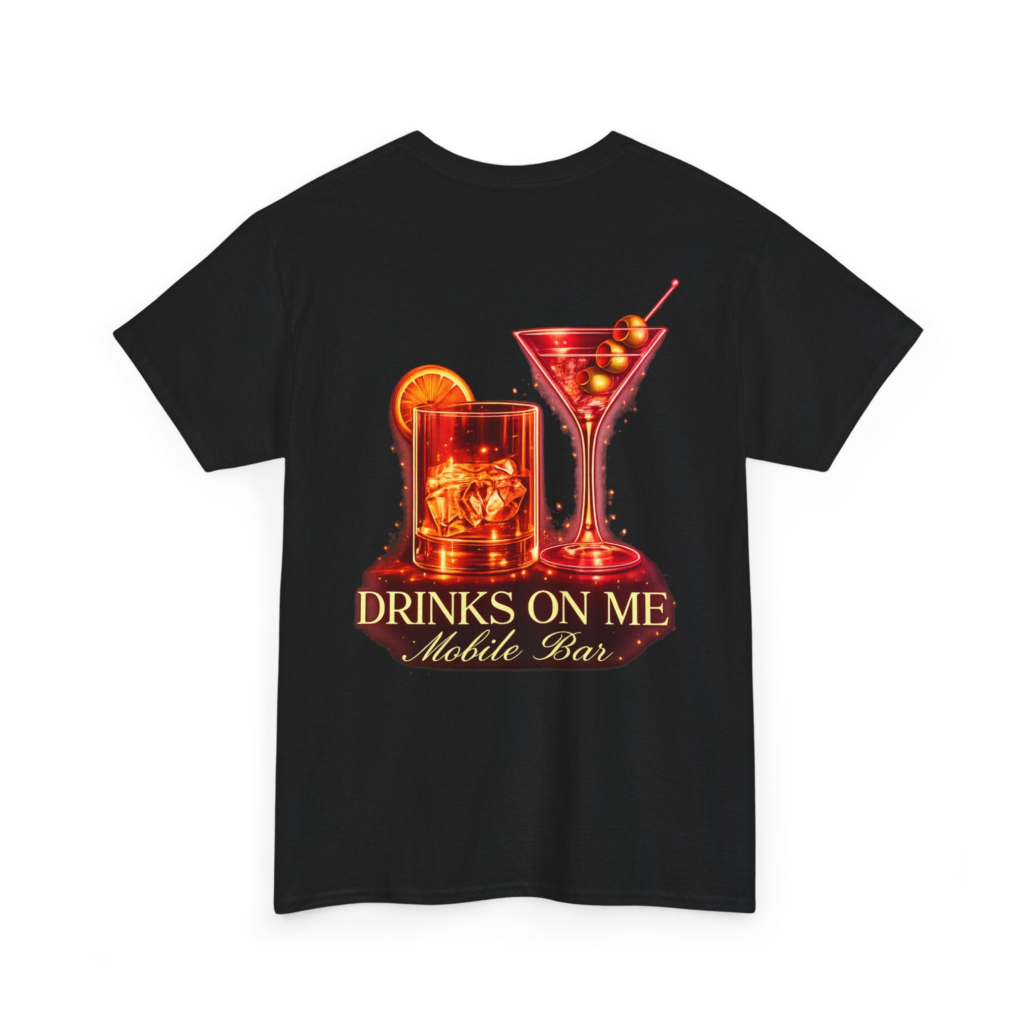 Drinks On Me Special Edition T-Shirt | Premium Bartender Tee | Fire & Gold Logo Back Print | Unisex Heavy Cotton